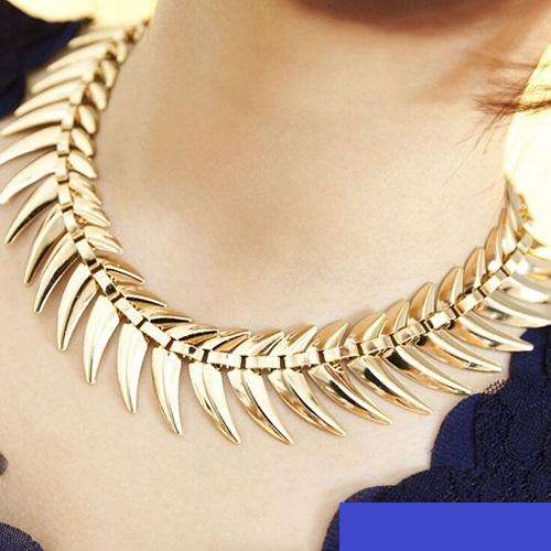 Ladies Elegant Golden Fish Bone Pattern Necklace